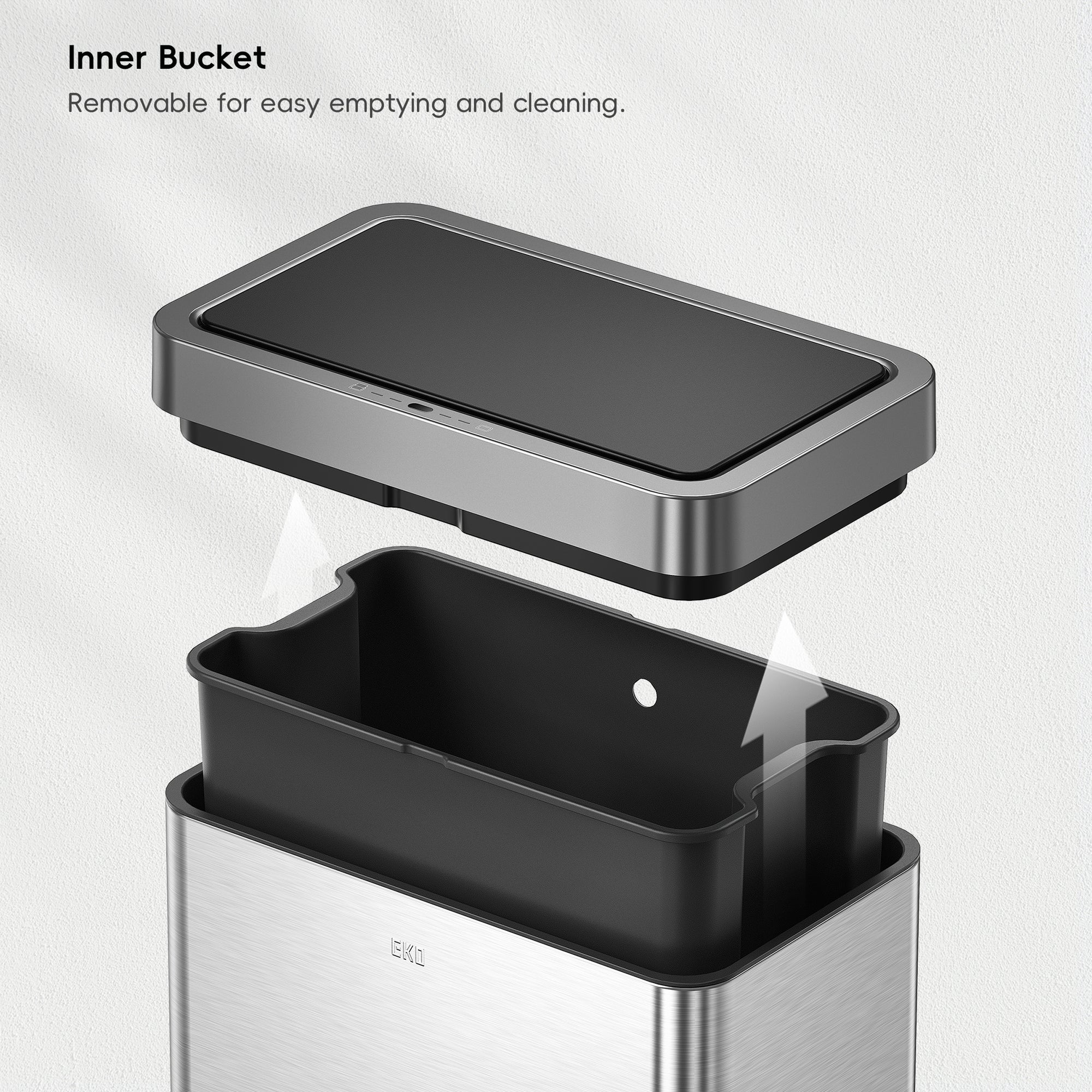EKO Mirage-X Sensor Trash Can with Liner – 47Liter / 12.4 Gallon - Stainless Steel – Inner Bucket - Removable for easy emptying and cleaning