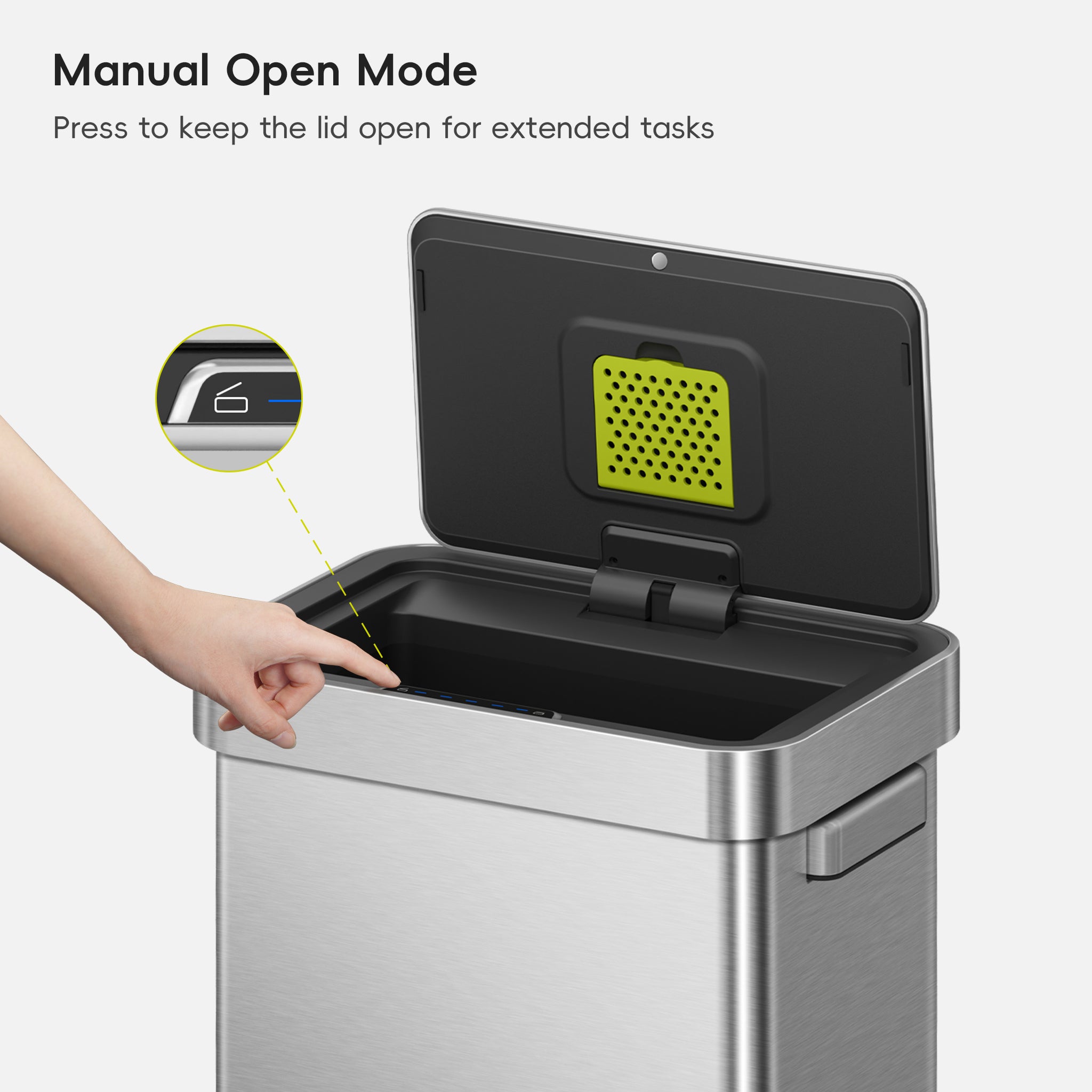 A hand interacts with an EKO trash can lid. Text labels this process: 