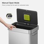 A hand interacts with an EKO trash can lid. Text labels this process: "Manual Open Mode. Press to keep the lid open for extended tasks."