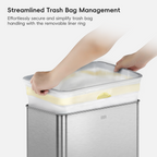 EKO trash bin with a transparent liner being removed by a hand, labeled 'Streamlined Trash Bag Management'.