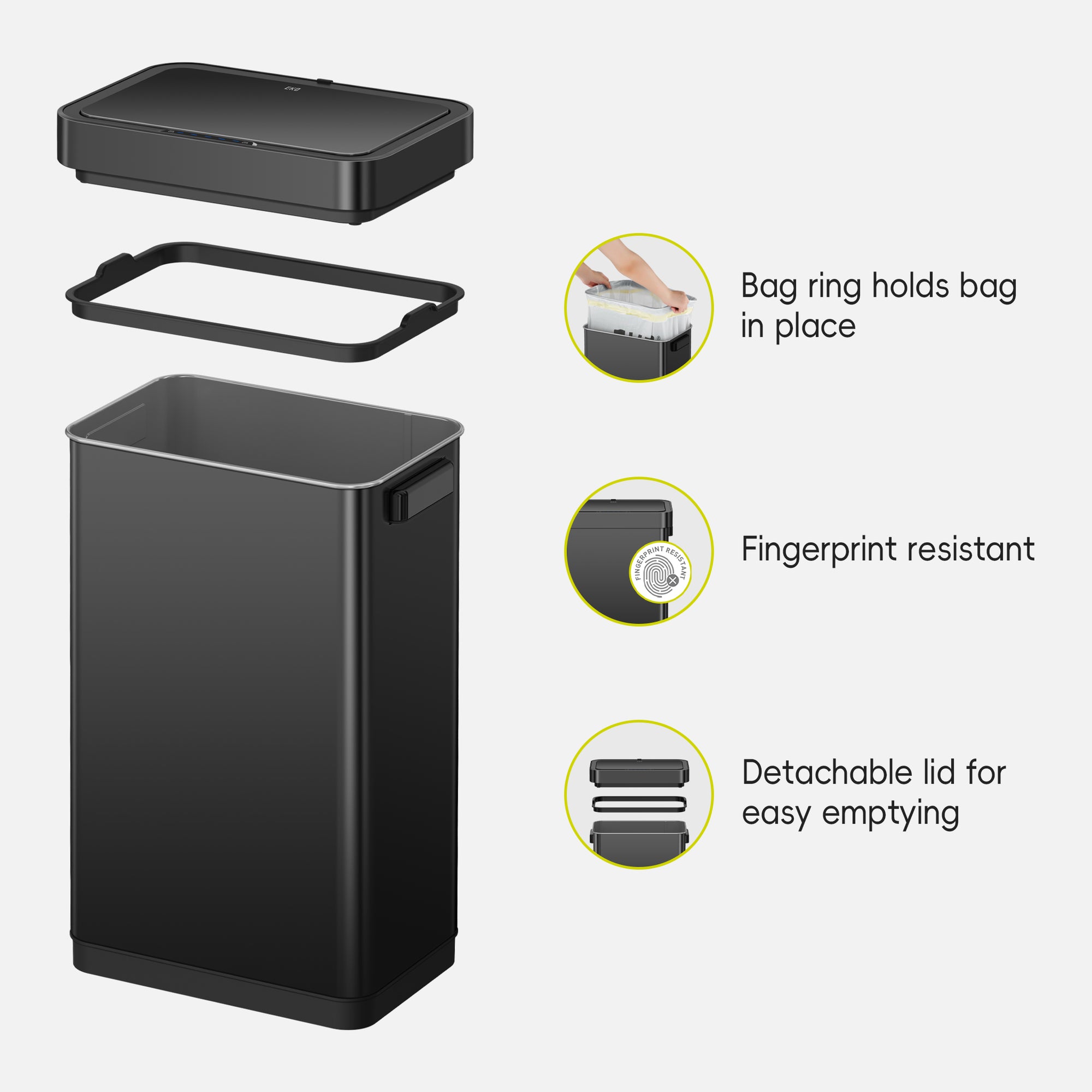 EKO trash can displayed with its components. Feature text highlights: "Bag ring holds bag in place," "Fingerprint resistant," and "Detachable lid for easy emptying."