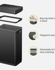 EKO trash can displayed with its components. Feature text highlights: "Bag ring holds bag in place," "Fingerprint resistant," and "Detachable lid for easy emptying."