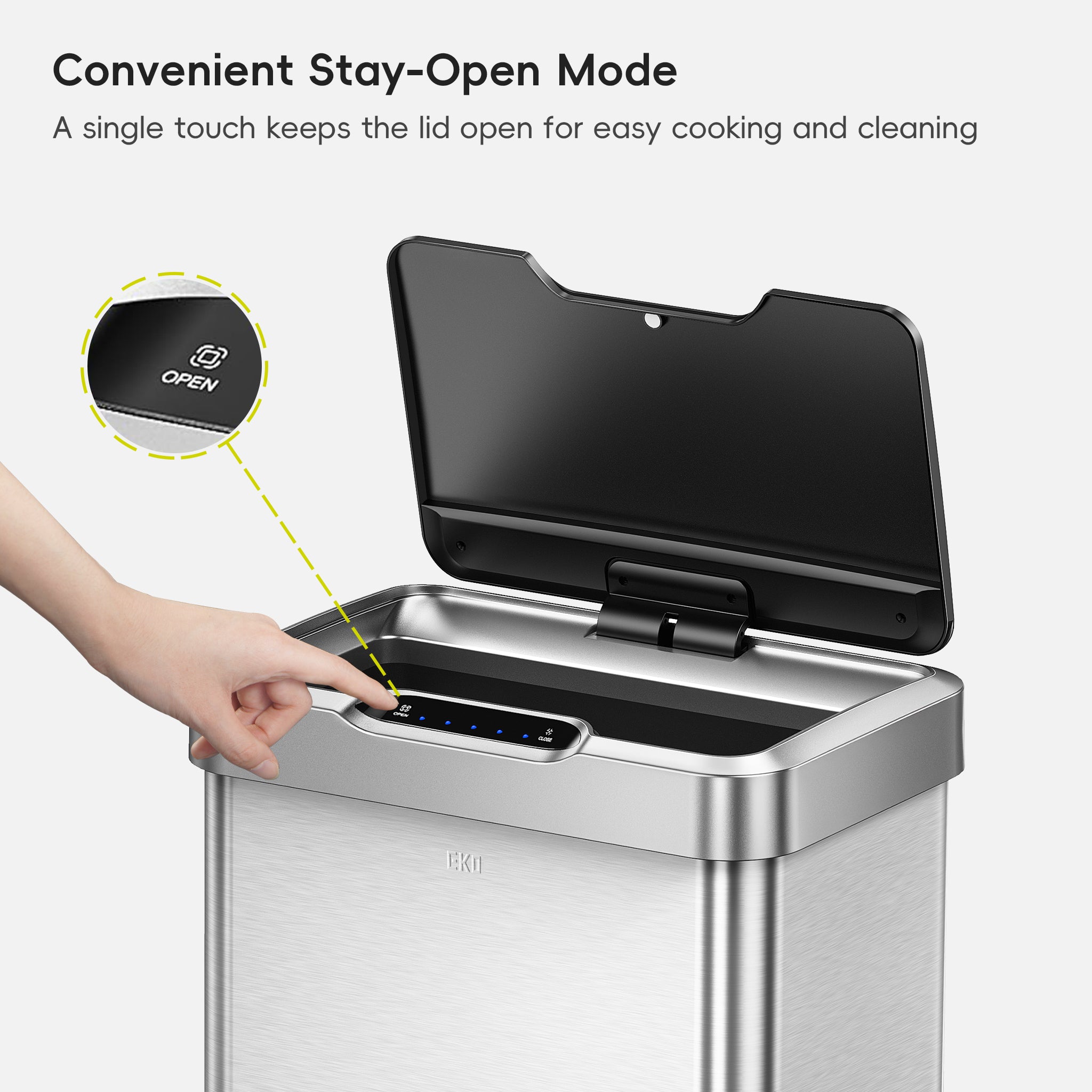 EKO Trash Can with open lid and hand pressing the 