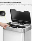 EKO Trash Can with open lid and hand pressing the "Stay Open Mode" button.