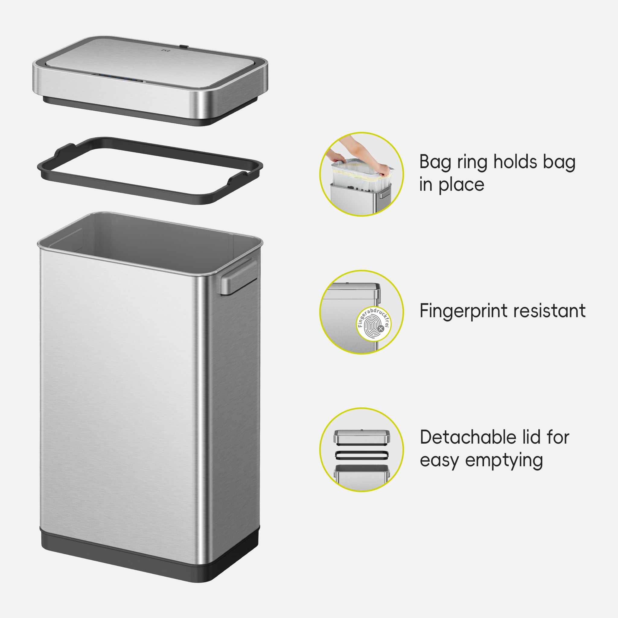 EKO trash can displayed with its components. Feature text highlights: 