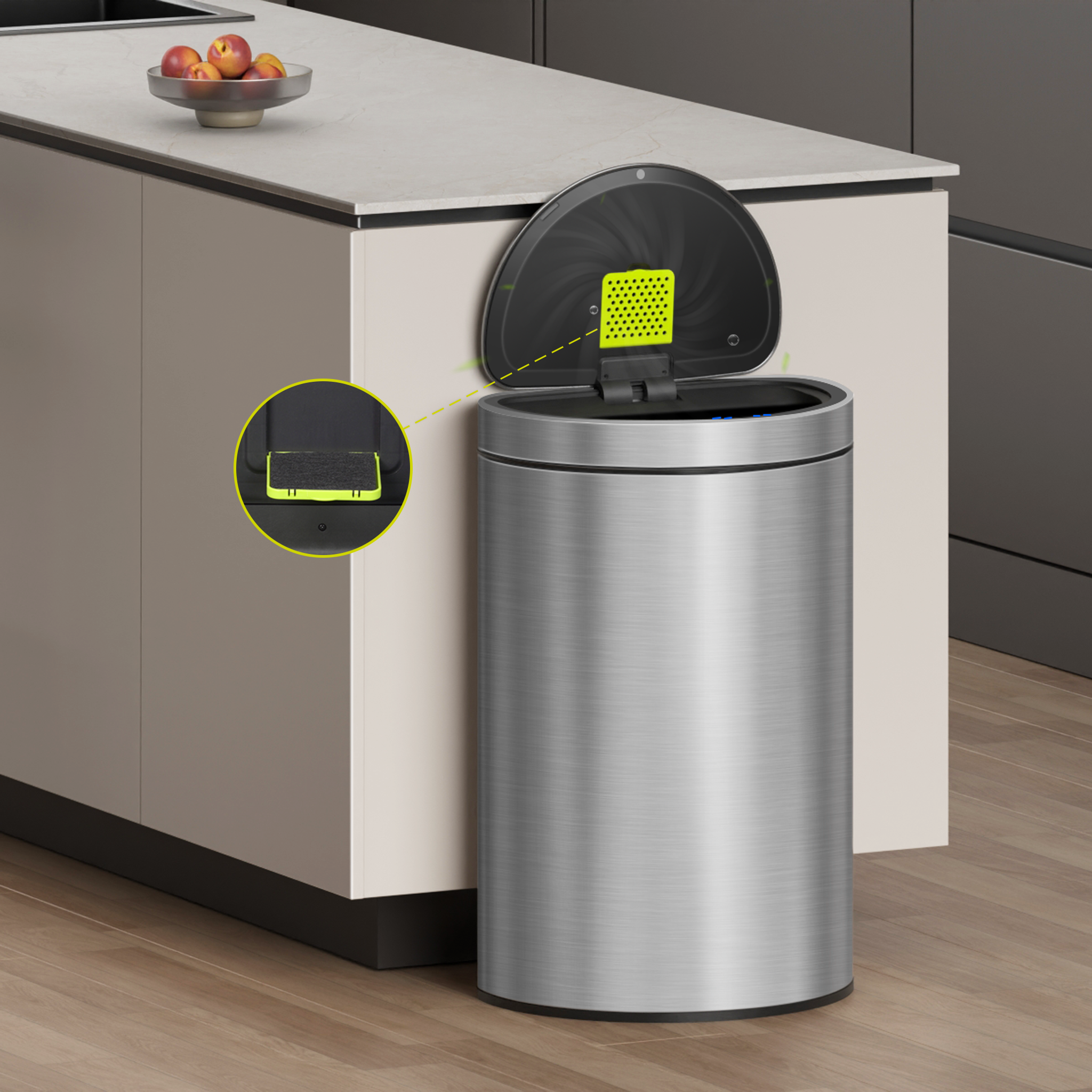 Mirage Semi-Round 47 Liter / 12.4 Gallon Motion Sensor Trash Can - Matte Stainless Steel