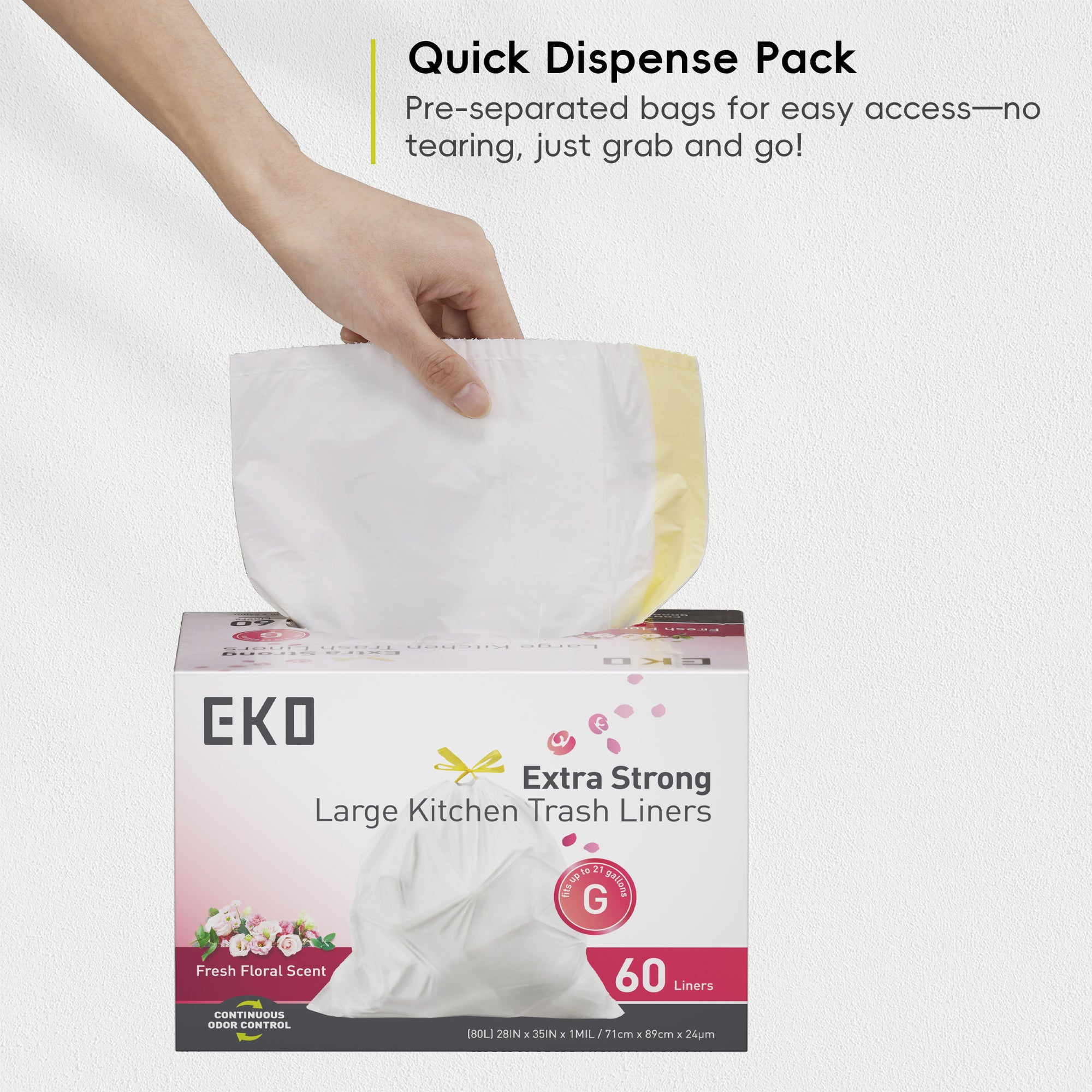Code G - 21 Gallon Easy-Dispense Roll Trash Bag - 60 Count (80L) -Fresh Floral Scent