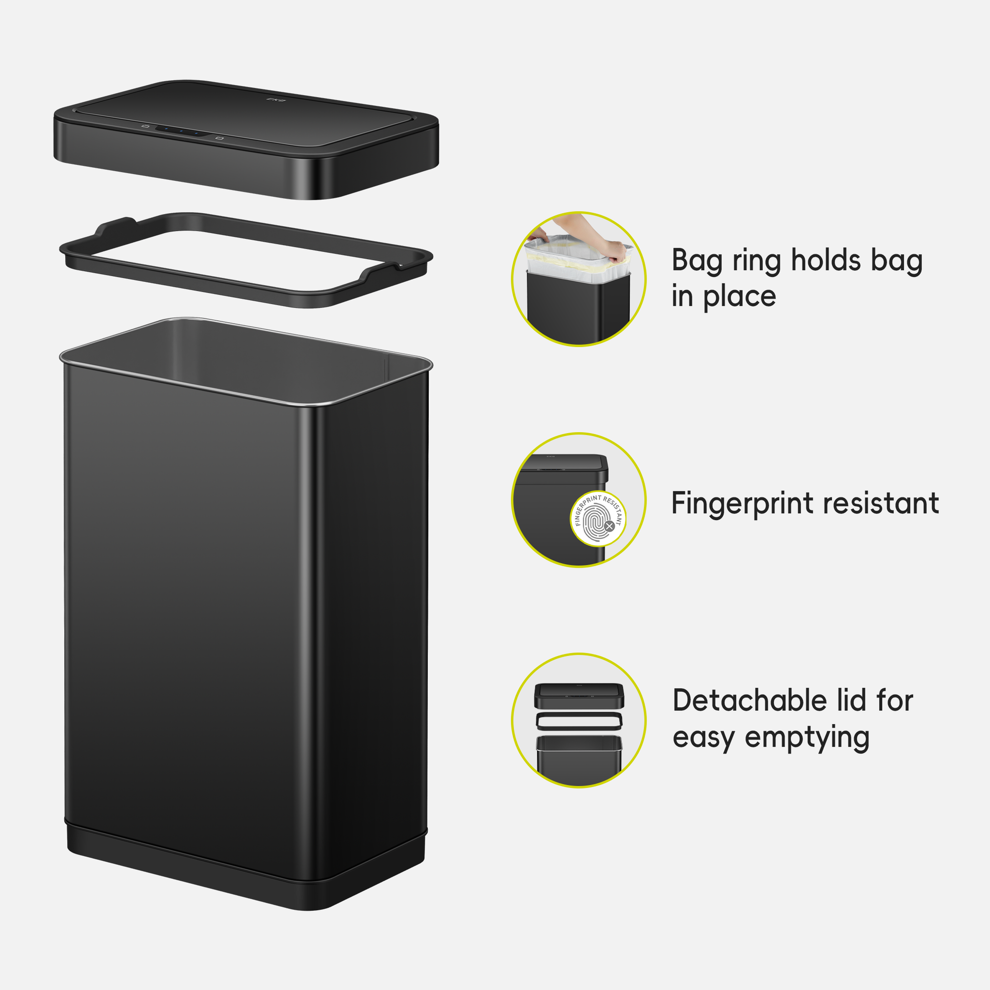 EKO Trash Can is showcased with diagrams illustrating its design features. Text highlights the "Bag ring holds a bag in place," "Fingerprint resistant," and "Detachable lid for easy emptying."
