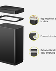 EKO Trash Can is showcased with diagrams illustrating its design features. Text highlights the "Bag ring holds a bag in place," "Fingerprint resistant," and "Detachable lid for easy emptying."
