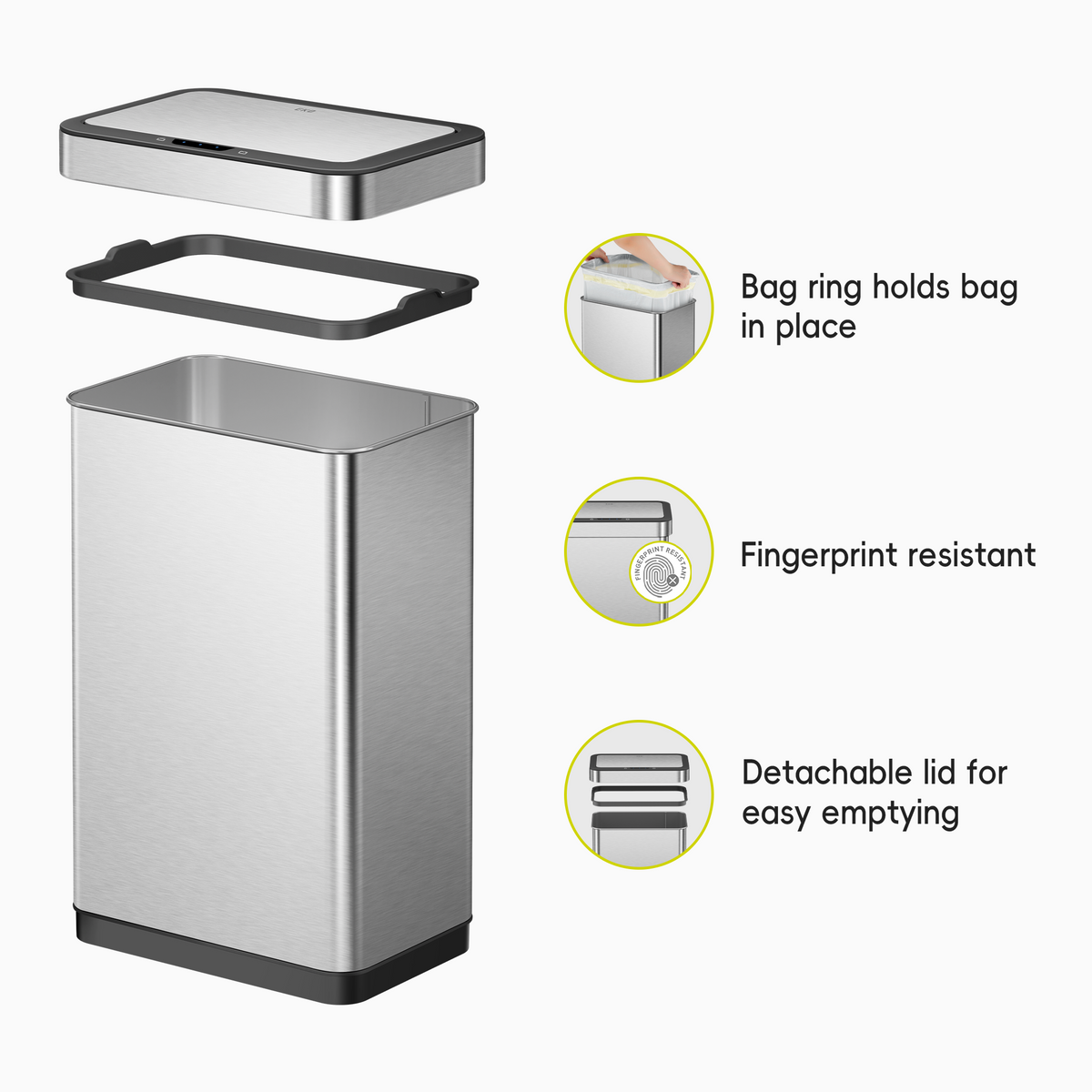 EKO Trash Can displayed with its components. Feature text highlights: "Bag ring holds bag in place," "Fingerprint resistant," and "Detachable lid for easy emptying."