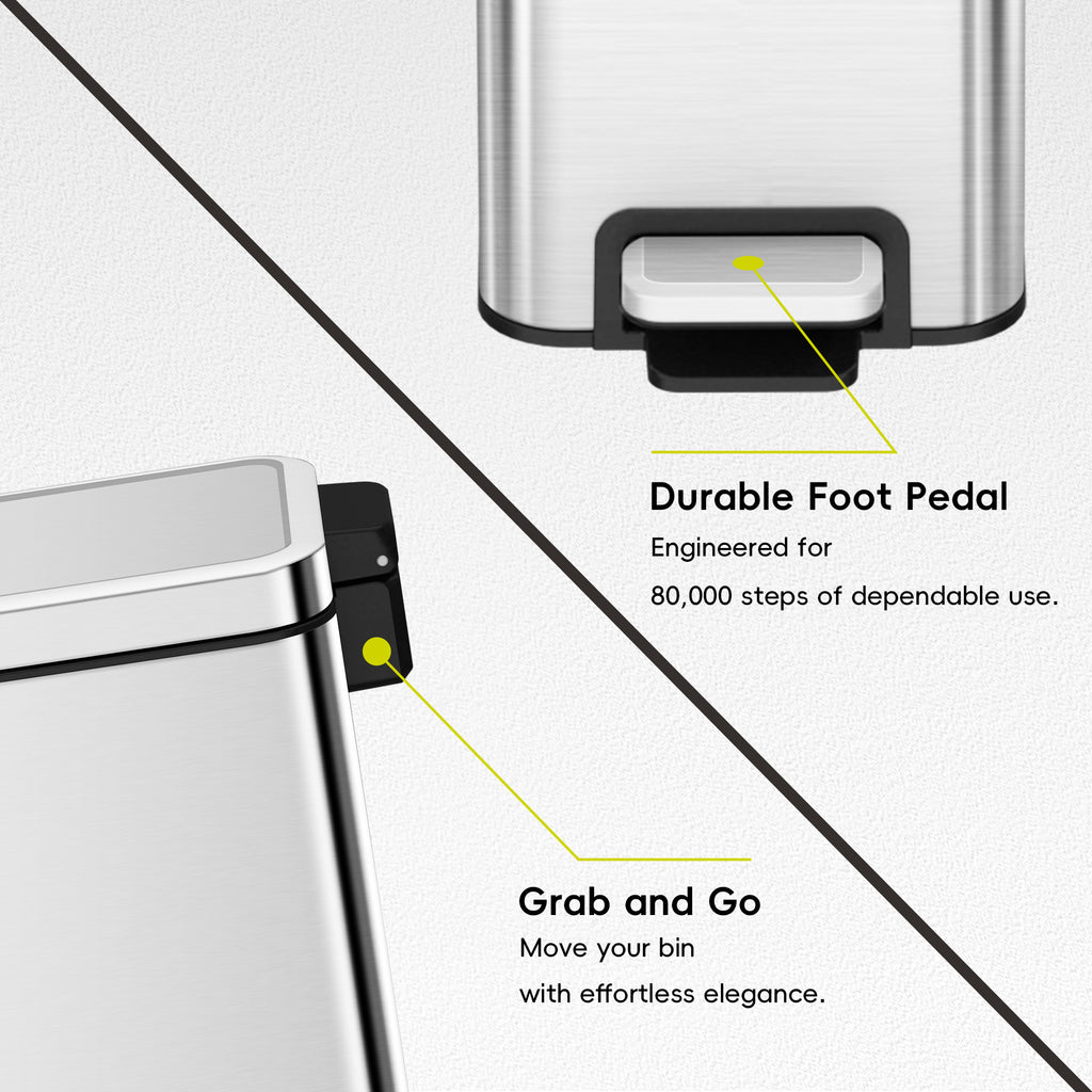 EKO Stella 6 L/1.6 Gal Small Bathroom Step Trash Can - Stainless Steel – Durable Foot Pedal - Grab and Go