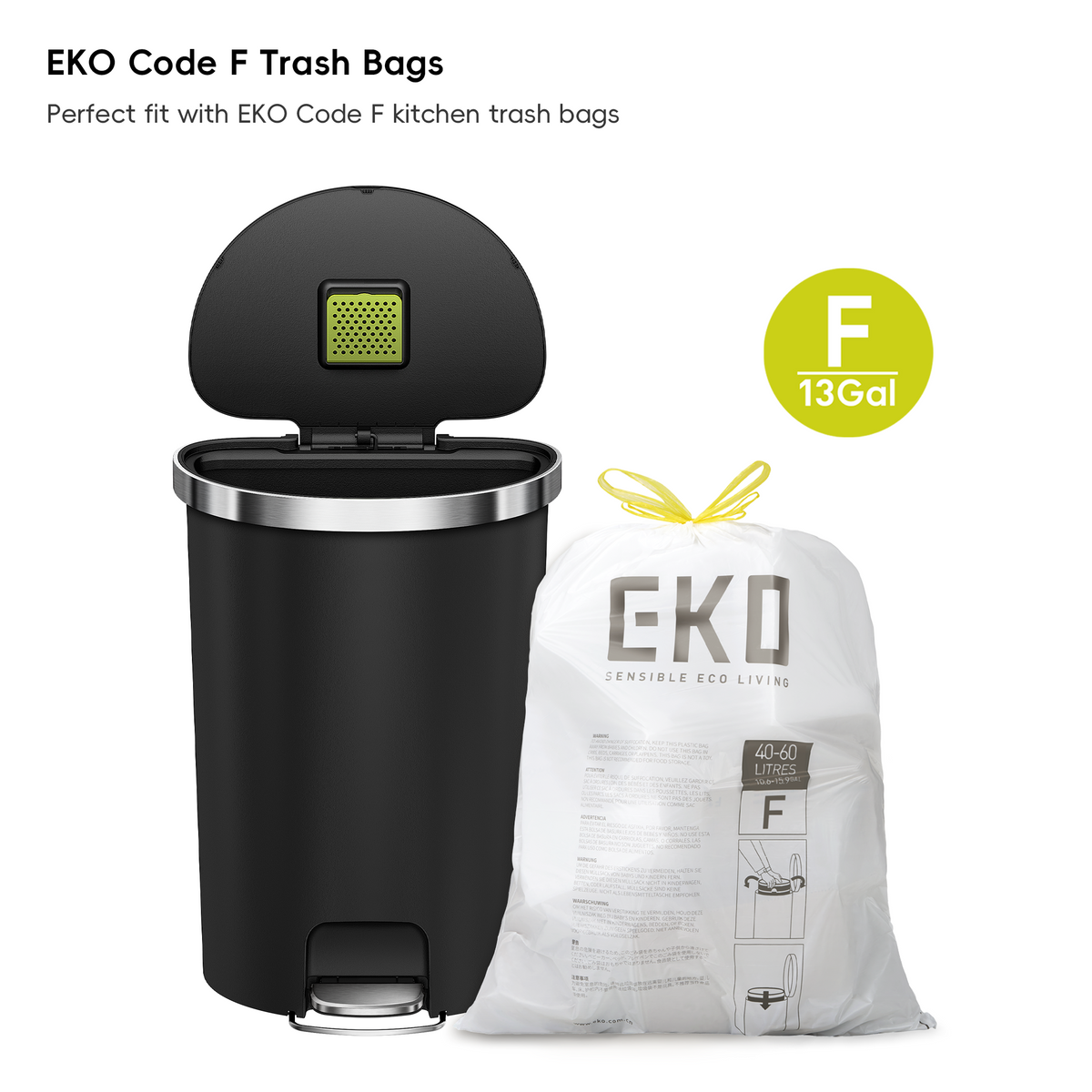 EKO HANA Semi-Round 55L/ 14.5 Gallon Plastic Resin Step Kitchen Trash Can-Black – EKO Code F Trash Bags