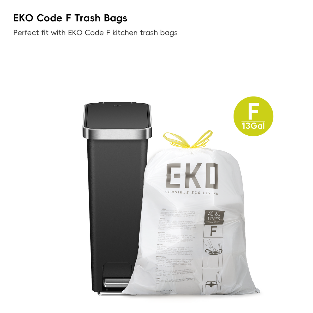 EKO HANA Slim 40L/ 10.5 Gallon Plastic Resin Step Kitchen Trash Can-Black – EKO Code F Trash Bags