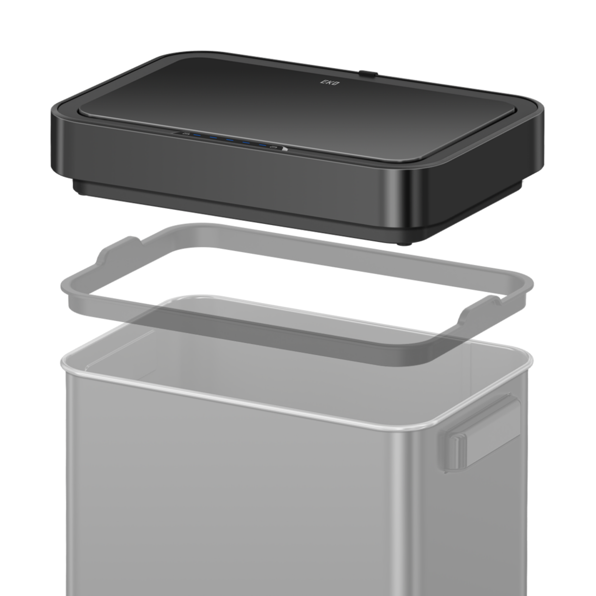EKO Trash Can Components Featuring Touchless Sensor Lid, Removable Liner Ring and Premium Stainless Steel.