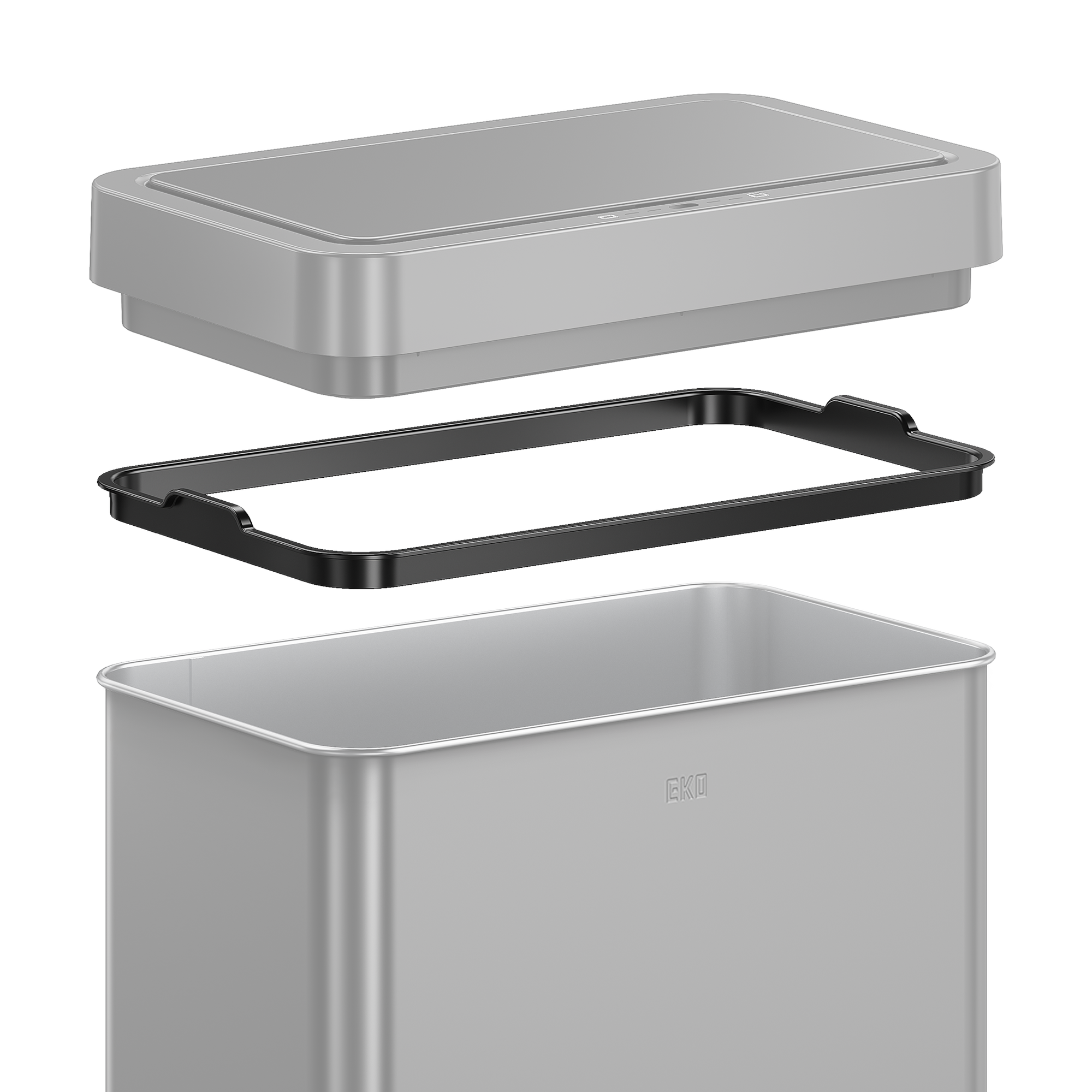 EKO Trash Can Components Featuring Touchless Sensor Lid and Removable Liner Ring.