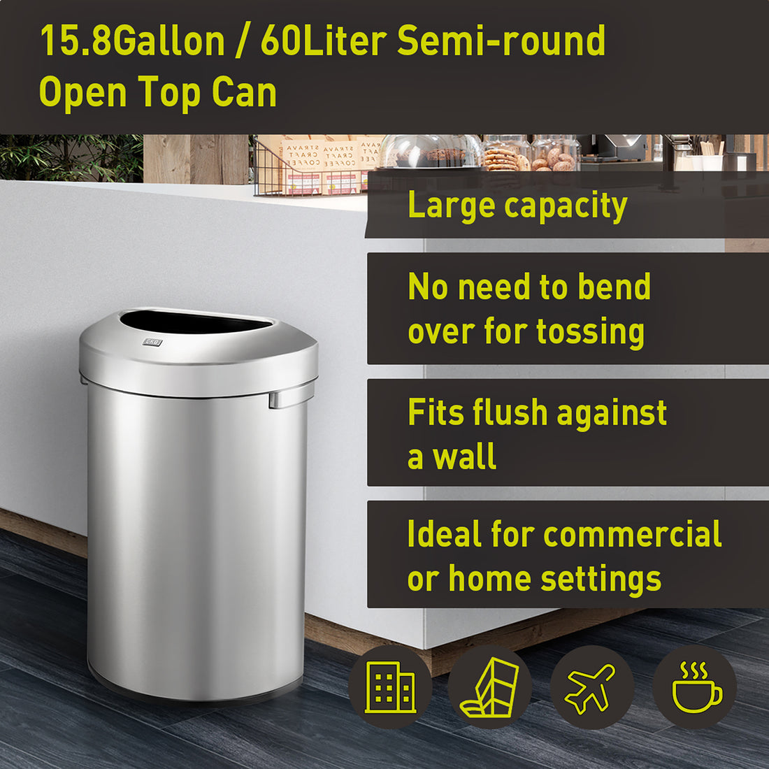 Urban Semi-Round Open Top Can Commercial Grade – 60L / 16 Gal