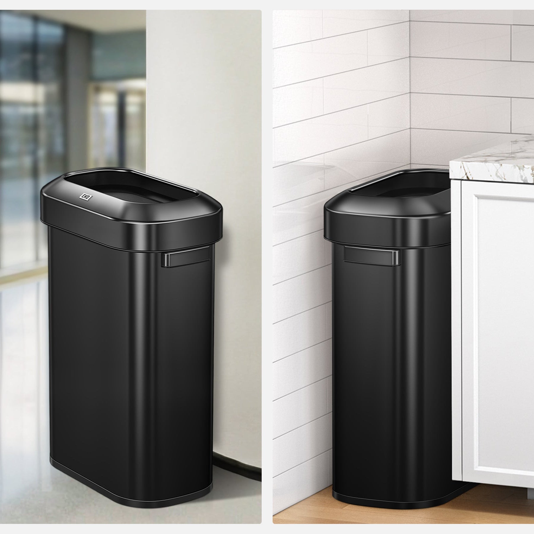 Black trash can in a modern interior setting with large windows and white cabinets.