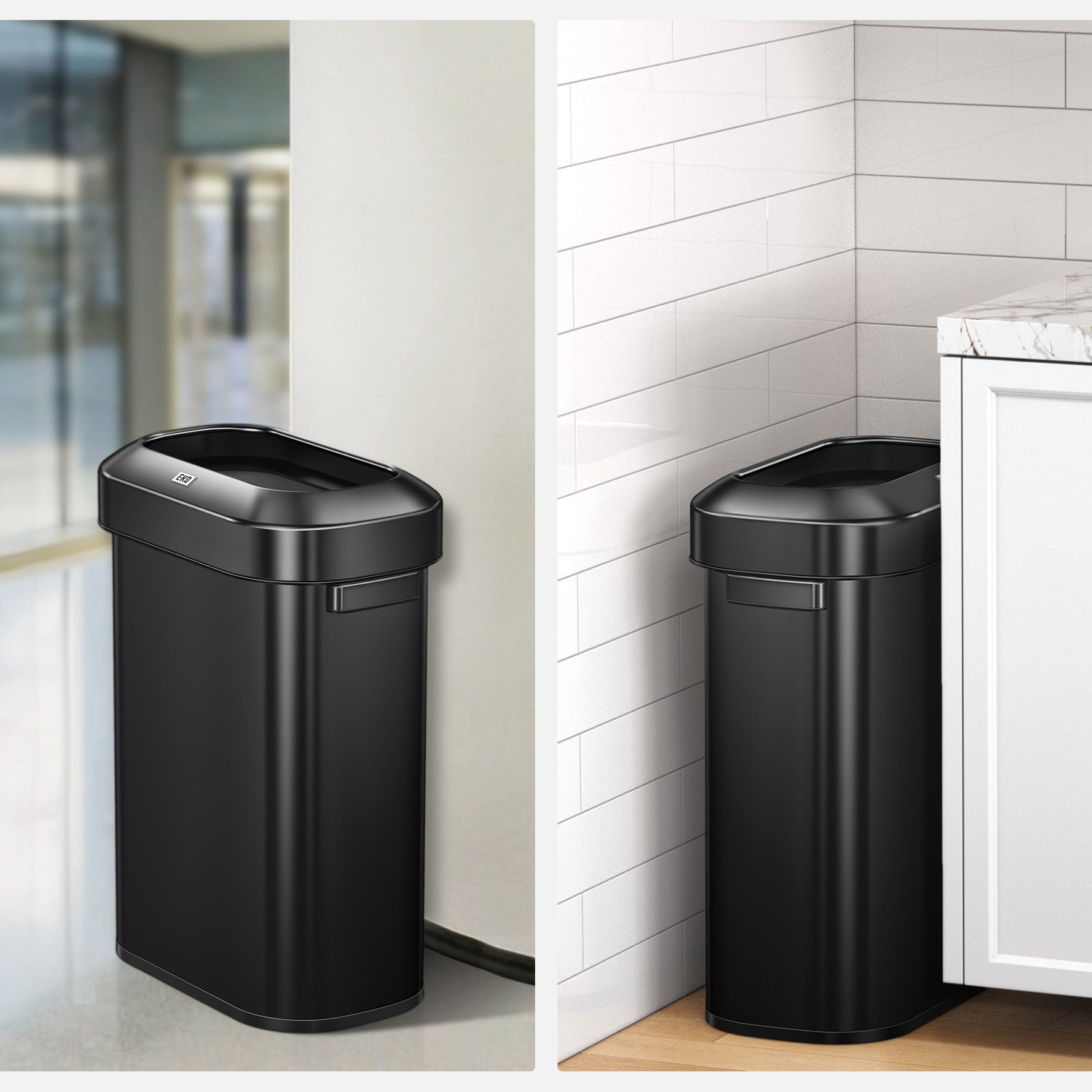 Black trash bin in a modern kitchen setting
