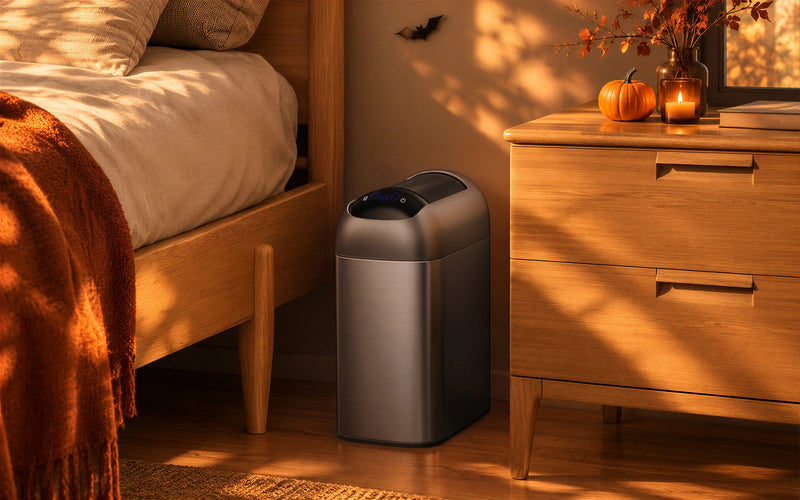 A modern stainless steel floorless trash can with a dark gray lid, positioned next to a wooden bed and nightstand in a warmly lit bedroom.