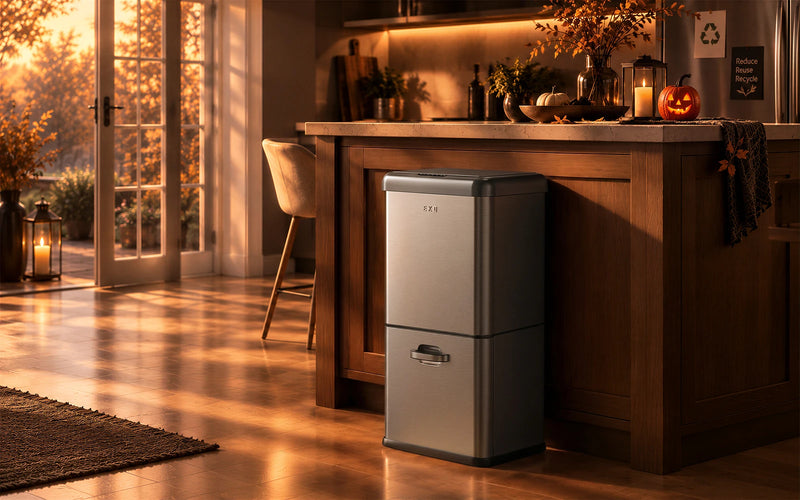 A stainless steel two-door refrigerator with a top freezer compartment stands in a warm, sunlit kitchen next to a wooden island. The scene is decorated for autumn, with candles, pumpkins, and warm light streaming through French doors in the background.