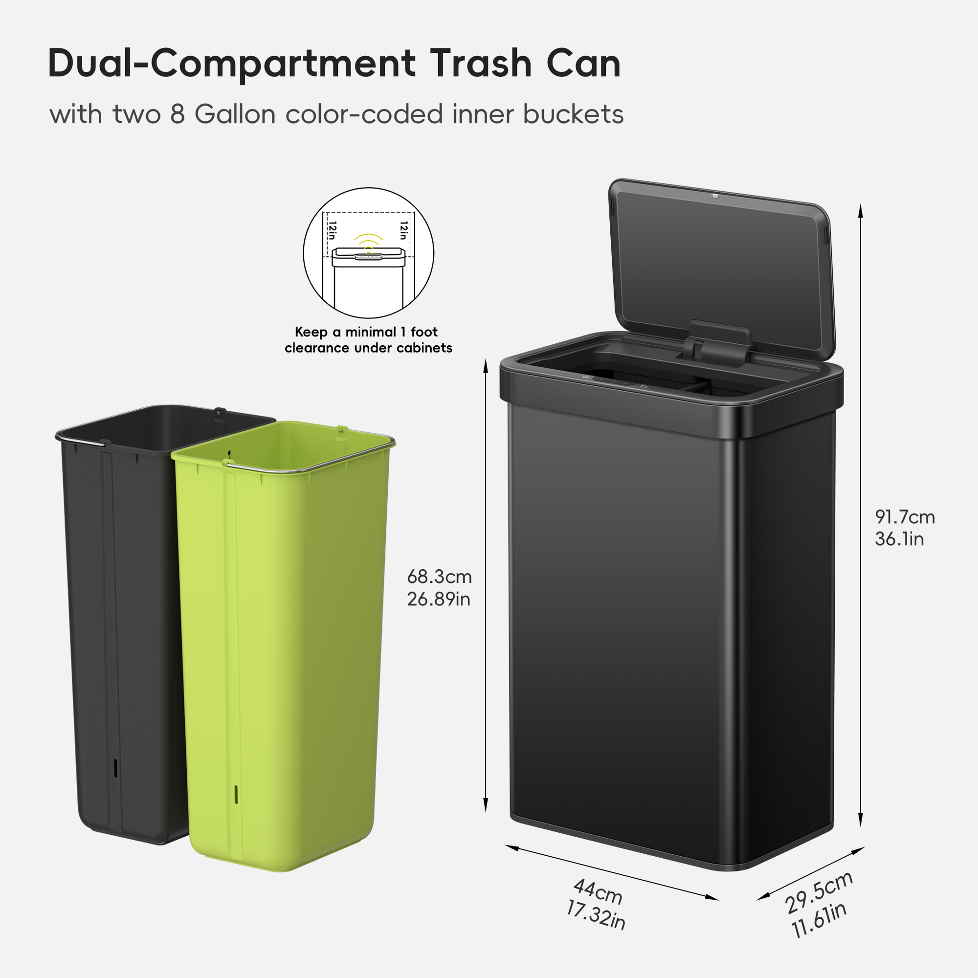 Econova 8+8 Gallon Dual Compartments Motion Sensor Trash Can - Matte Black