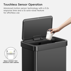 A hand dopping a paper cup into an EKO trash can featuring Touchless Sensor Operation. Text labels this process: "Advanced motion sensor technology with a 0.2s response time and a 5s auto-close feature for effortless use."