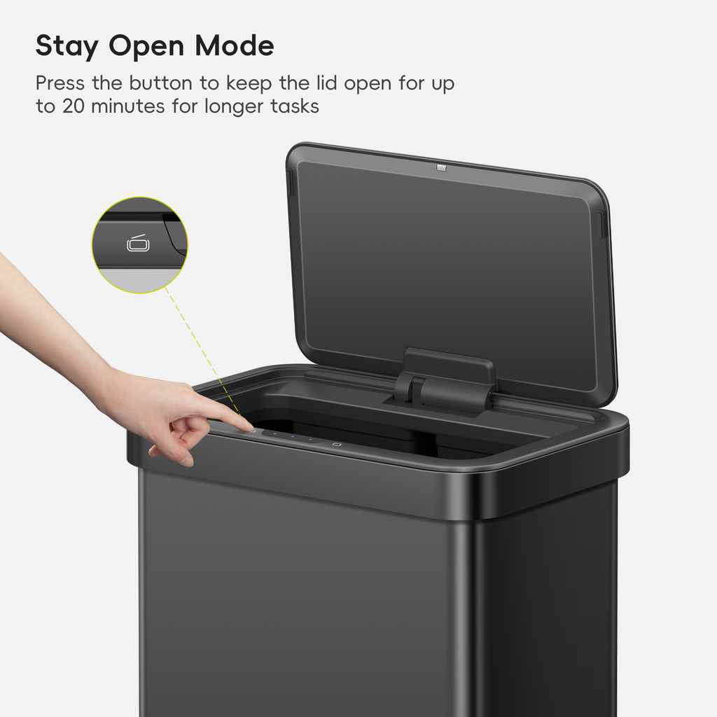 A hand interacts with EKO trash can lid. Text labels this process: "Stay Open Mode Press the button to keep the lid open for up to 20 minutes for longer tasks."