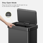 A hand interacts with EKO trash can lid. Text labels this process: "Stay Open Mode Press the button to keep the lid open for up to 20 minutes for longer tasks."