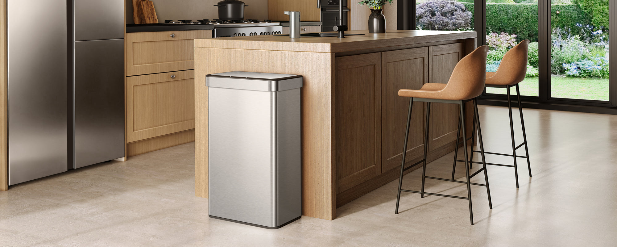 Modern kitchen with an EKO trash can in the foreground.
