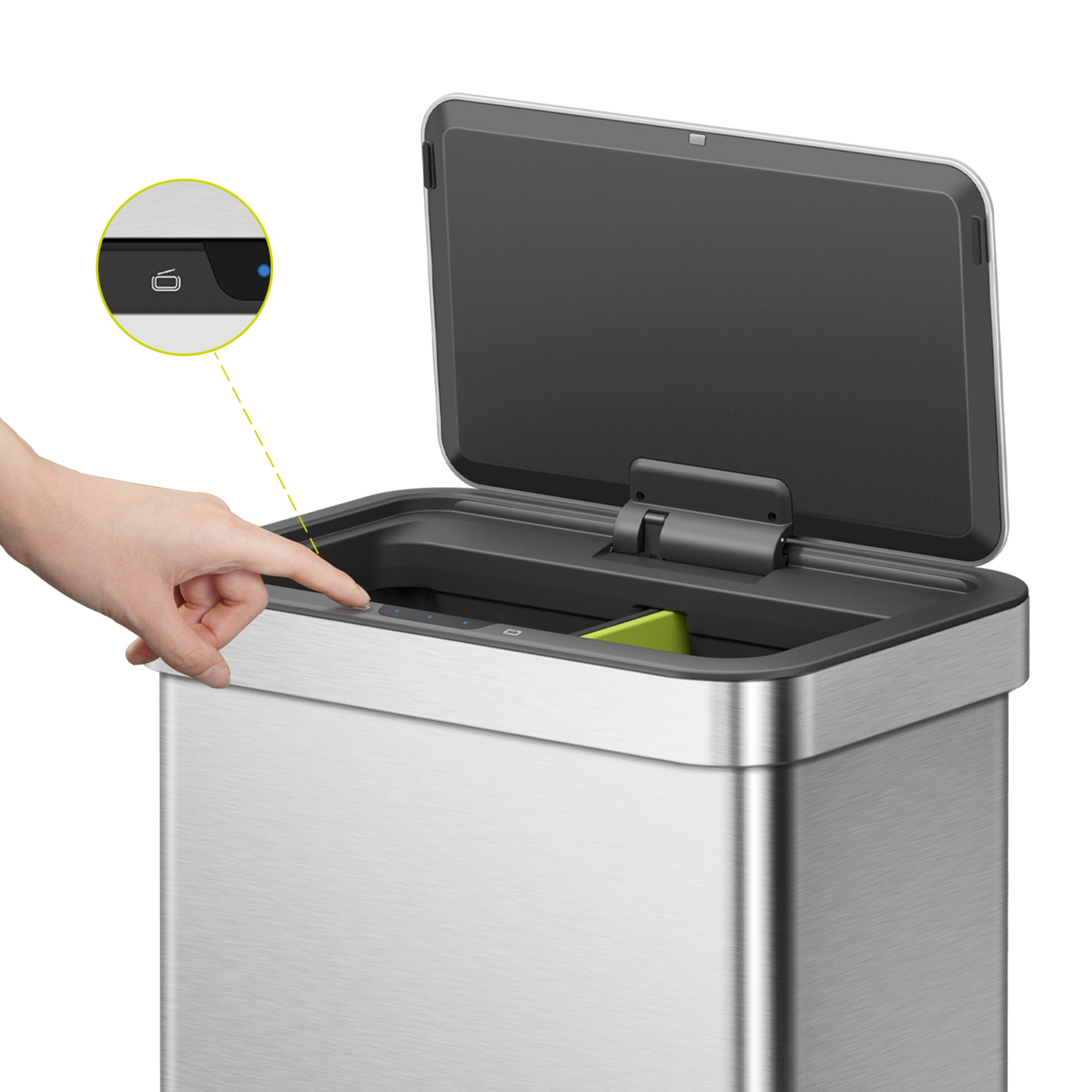 Smart Trash Can with open lid and hand reaching towards it. Manual Open Mode Keeps the lid open when you need it.
