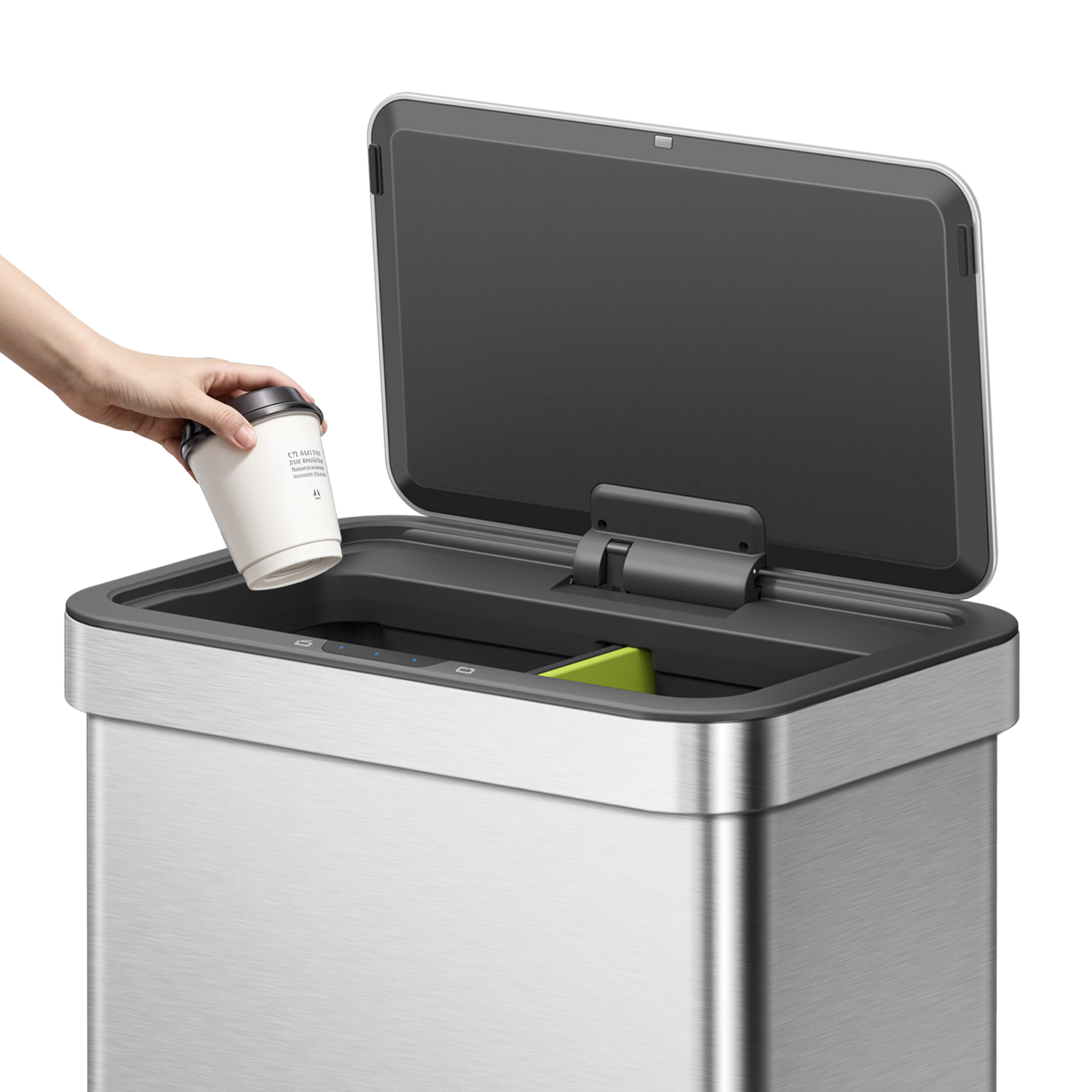 A hand places paper coffee cup into EKO Trash Can with Smart Sensor Technology.