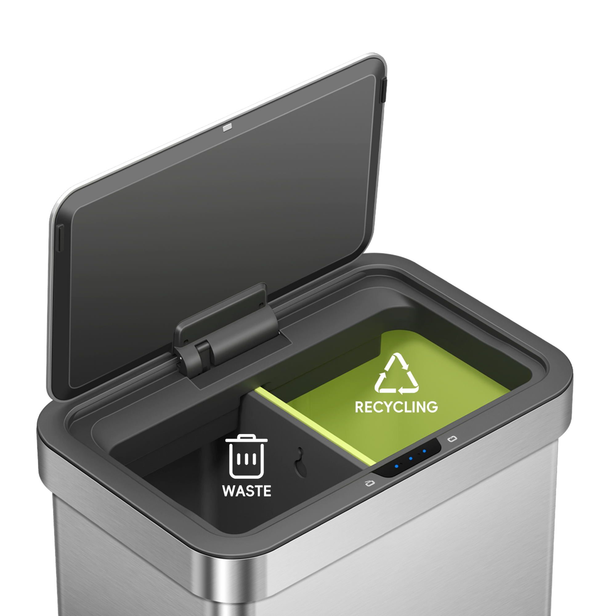 EKO Trash Can Two 8-gallon inner liners keep recycling separate from waste for easy sorting.