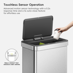 A hand places a paper cup into EKO trash can featuring a touchless sensor. Text reads: "Touchless Sensor Operation. Advanced motion sensor technology with a 0.2s response time and a 5s auto-close feature for effortless use. Keep a minimal 1 foot clearance under cabinets."