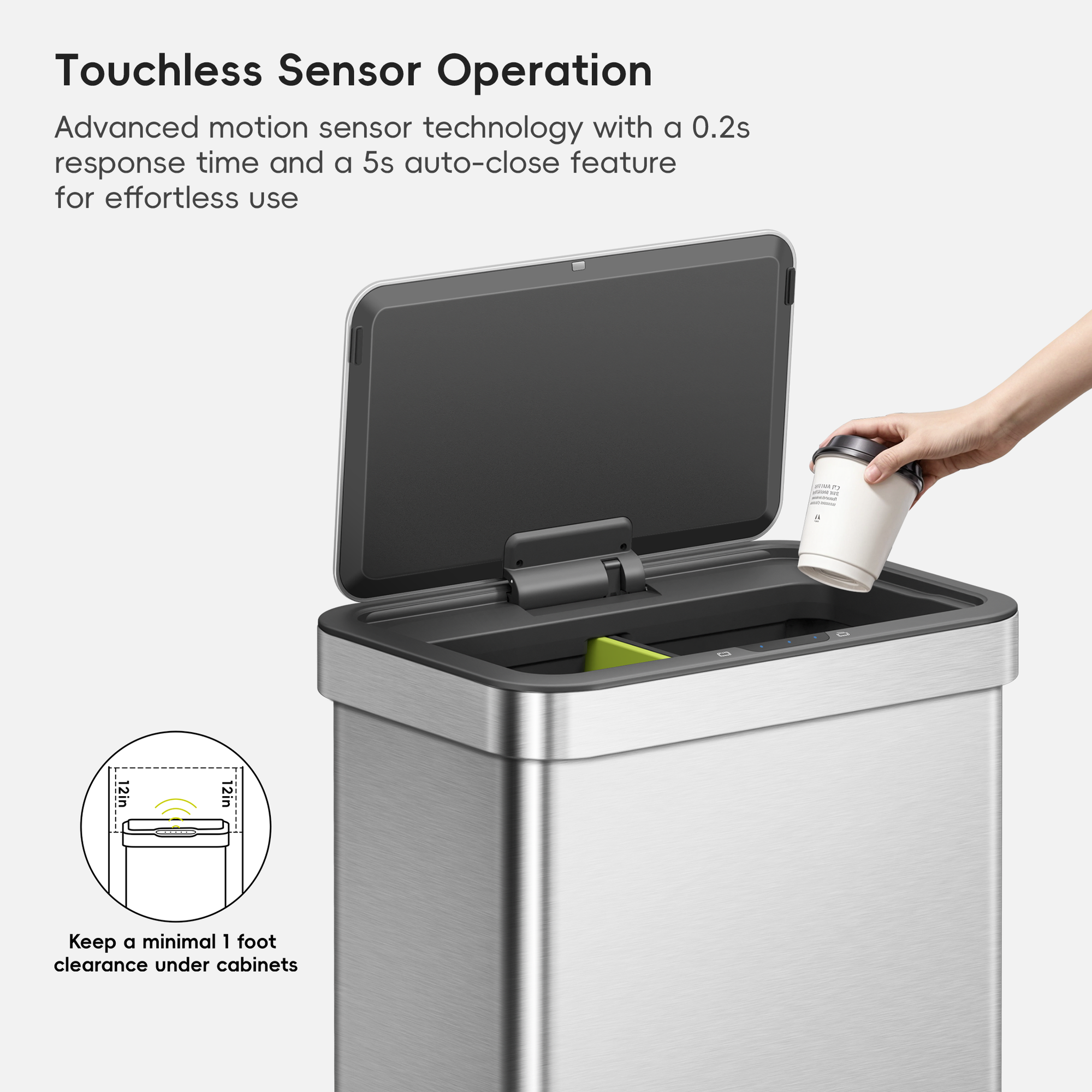 A hand places a paper cup into EKO trash can featuring a touchless sensor. Text reads: "Touchless Sensor Operation. Advanced motion sensor technology with a 0.2s response time and a 5s auto-close feature for effortless use. Keep a minimal 1 foot clearance under cabinets."