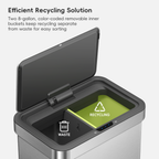 EKO Econova 8+8 Gallon Dual Compartments Motion Sensor Trash Can. Featured text: "Efficient Recycling Solution. Two 8-gallon, color-coded removable inner buckets keep recycling separate from waste for easy sorting"