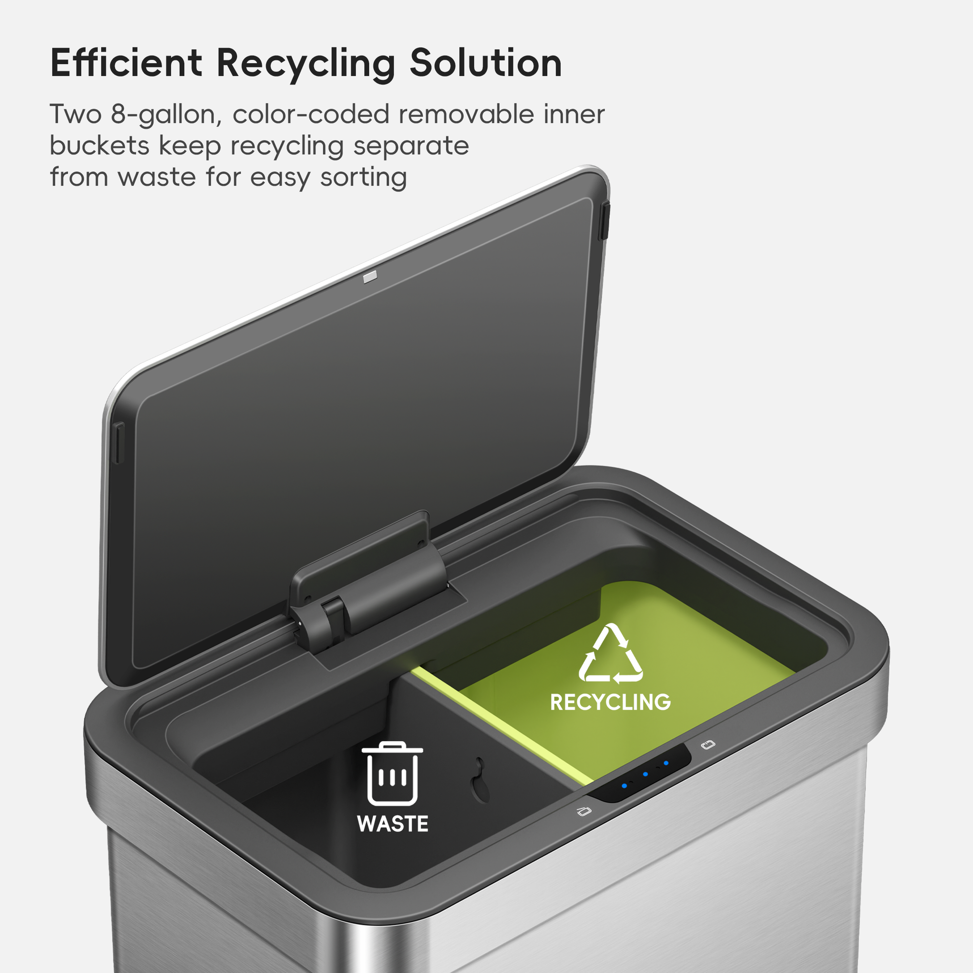 EKO Econova 8+8 Gallon Dual Compartments Motion Sensor Trash Can. Featured text: "Efficient Recycling Solution. Two 8-gallon, color-coded removable inner buckets keep recycling separate from waste for easy sorting"