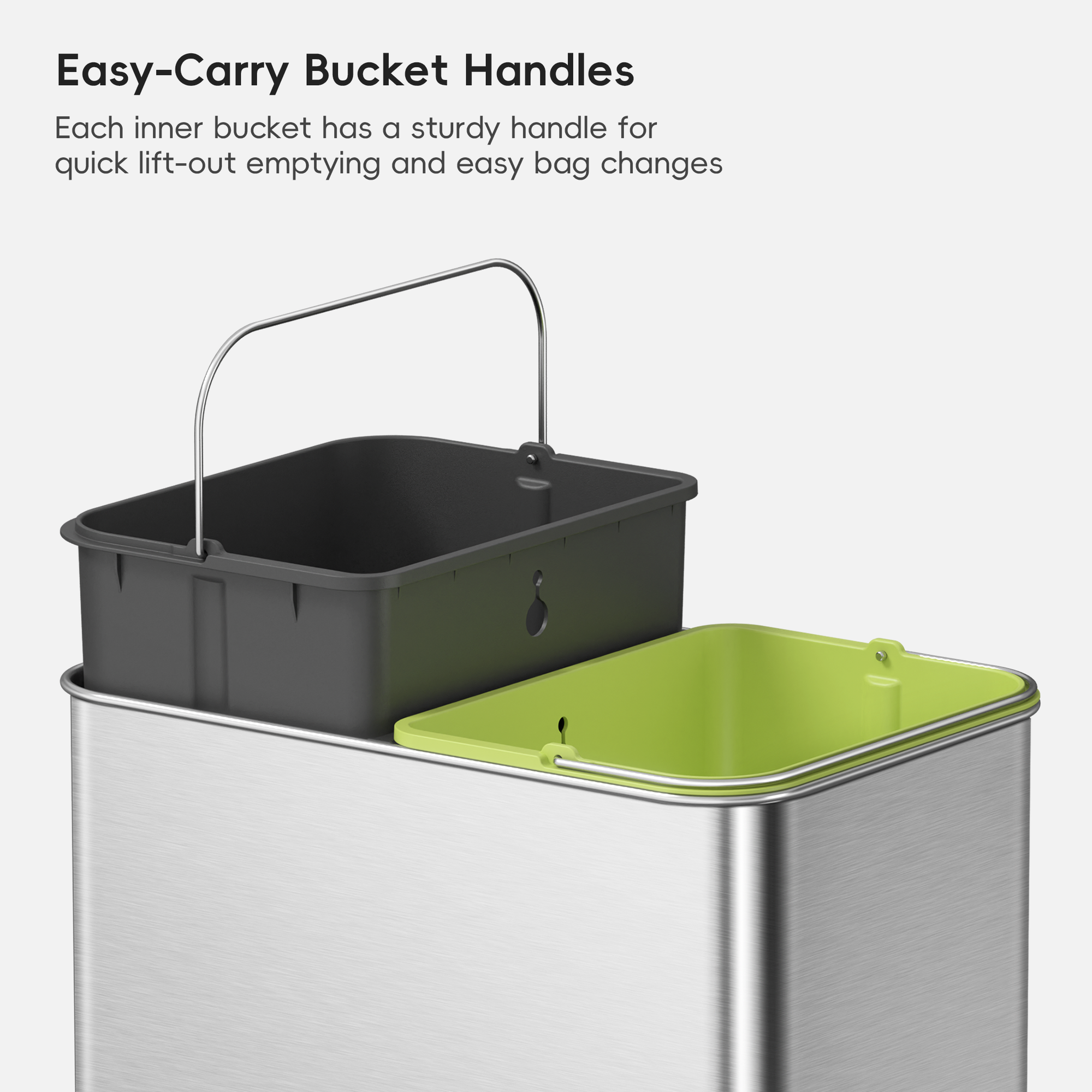 EKO trash can featuring Easy-Carry Bucket Handles Each inner bucket has a sturdy handle for quick lift-out emptying and easy bag changes.