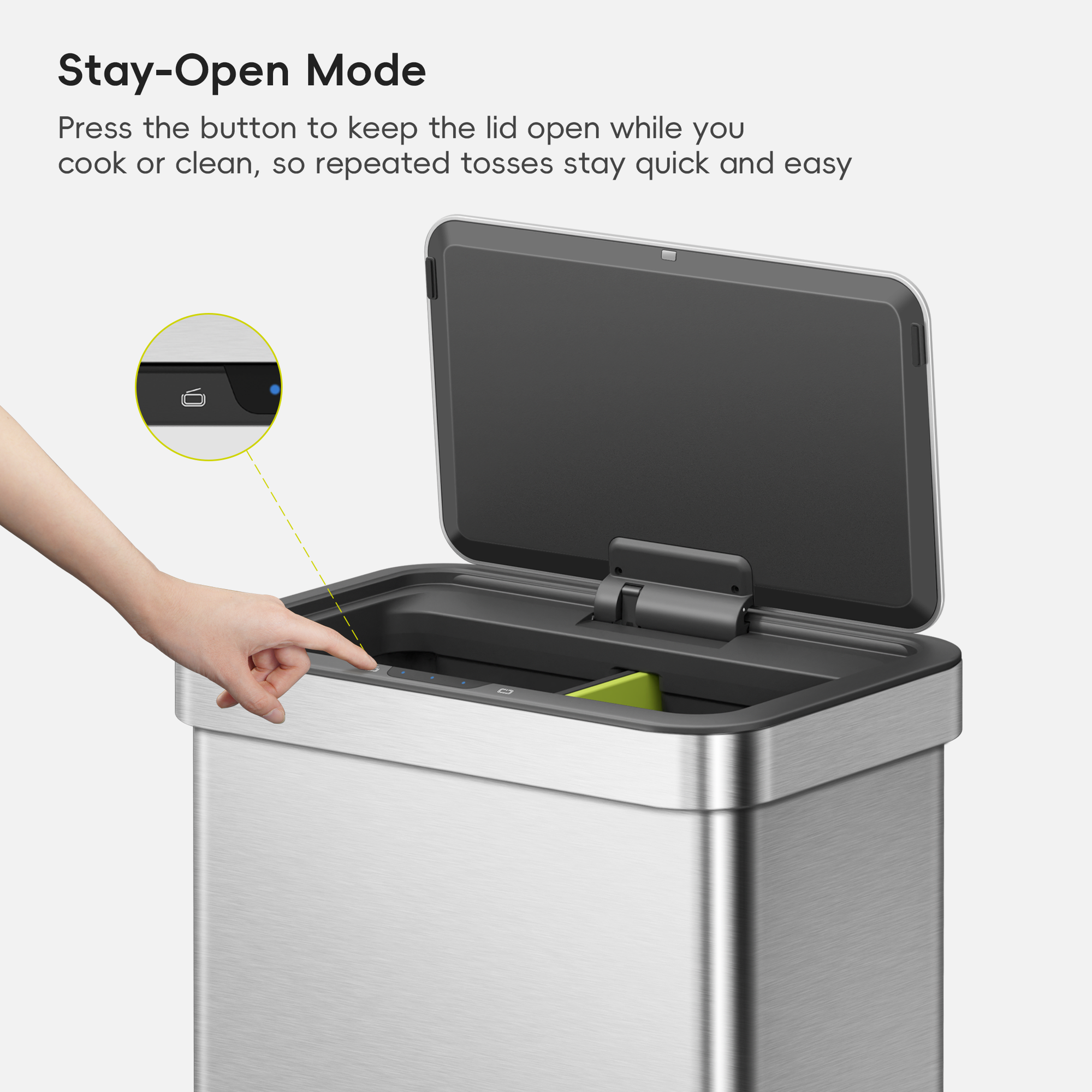 A hand interacts with an EKO trash can lid. Text labels this process: "Stay-Open Mode Press the button to keep the lid open while you cook or clean, so repeated tosses stay quick and easy."