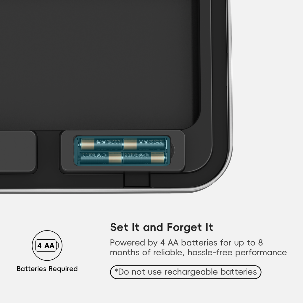 A close-up of an EKO trash can lid highlights battery slots. Text reads: "Set It and Forget It. Powered by 4 AA batteries for up to 8 months of reliable, hassle-free performance *Do not use rechargeable batteries*."