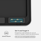 A close-up of an EKO trash can lid highlights battery slots. Text reads: "Set It and Forget It. Powered by 4 AA batteries for up to 8 months of reliable, hassle-free performance *Do not use rechargeable batteries*."