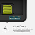 A close-up of an EKO trash can lid highlights battery slots. Text reads: "Set It and Forget It. Powered by 4 AA batteries for up to 8 months of reliable, hassle-free performance *Do not use rechargeable batteries*."