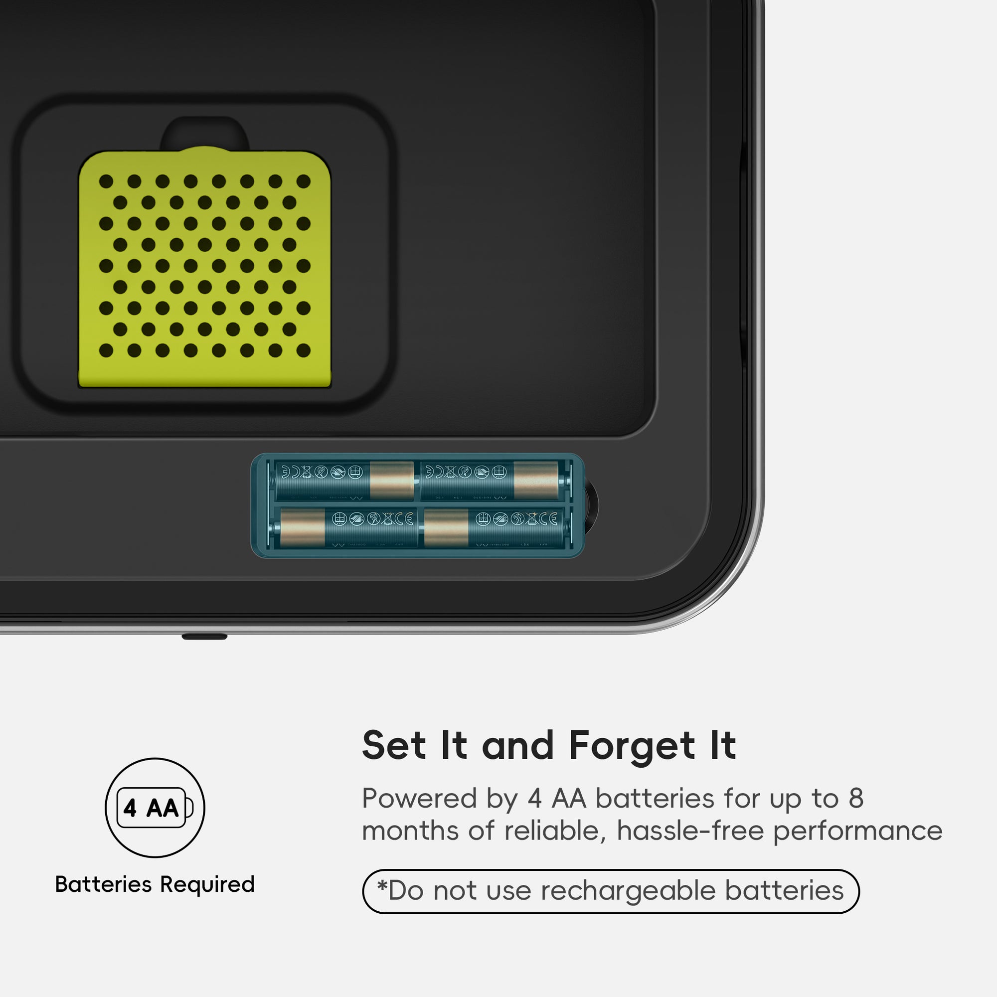 A close-up of an EKO trash can lid highlights battery slots. Text reads: "Set It and Forget It. Powered by 4 AA batteries for up to 8 months of reliable, hassle-free performance *Do not use rechargeable batteries*."