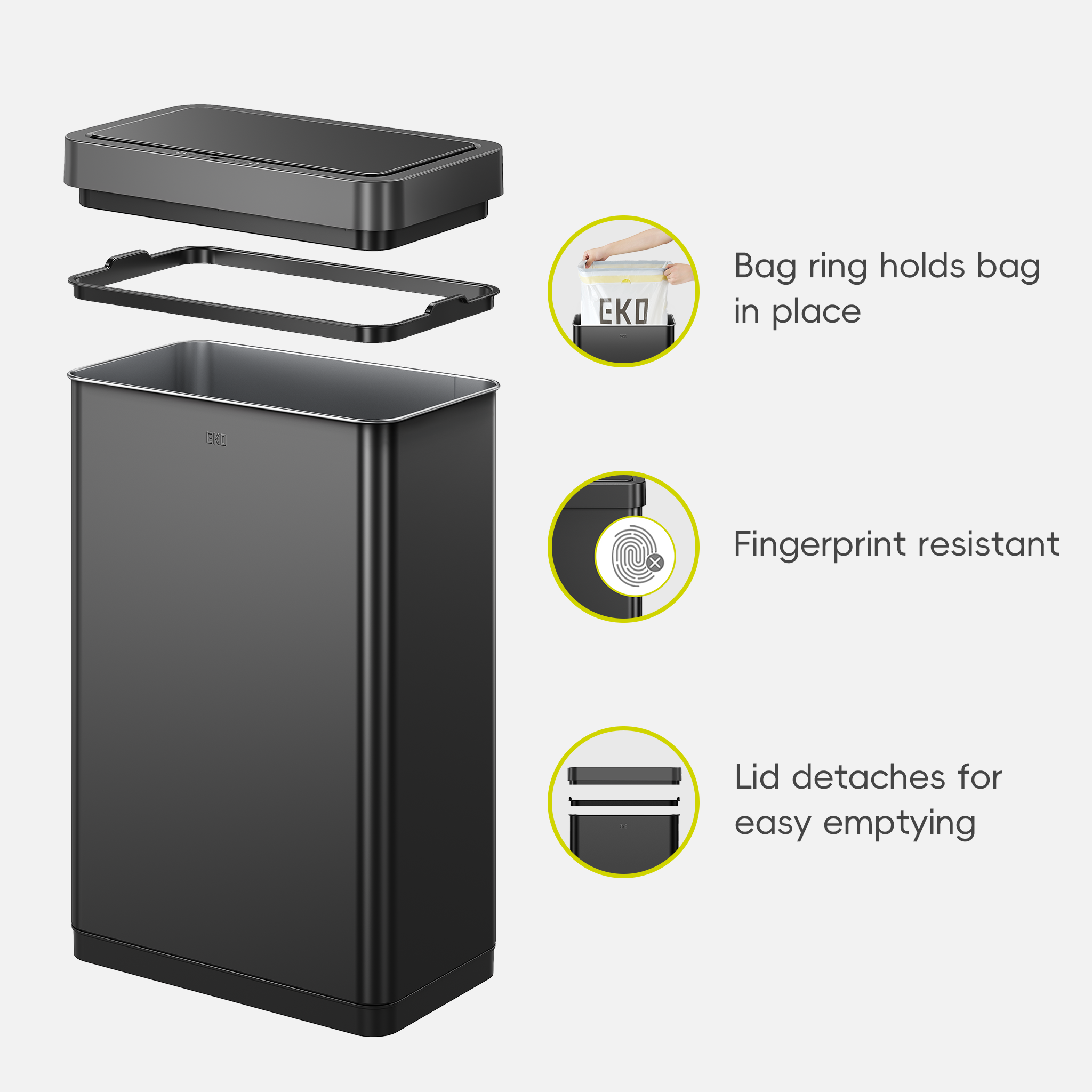 EKO trash can displayed with its components. Feature text highlights: 