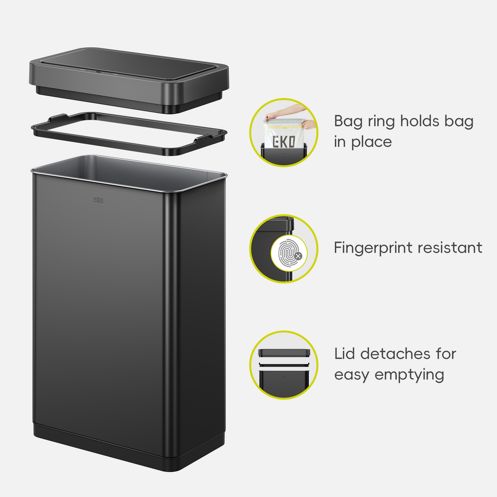 EKO trash can displayed with its components. Feature text highlights: "Bag ring holds bag in place," "Fingerprint resistant," and "Detachable lid for easy emptying."
