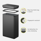 EKO trash can displayed with its components. Feature text highlights: "Bag ring holds bag in place," "Fingerprint resistant," and "Detachable lid for easy emptying."