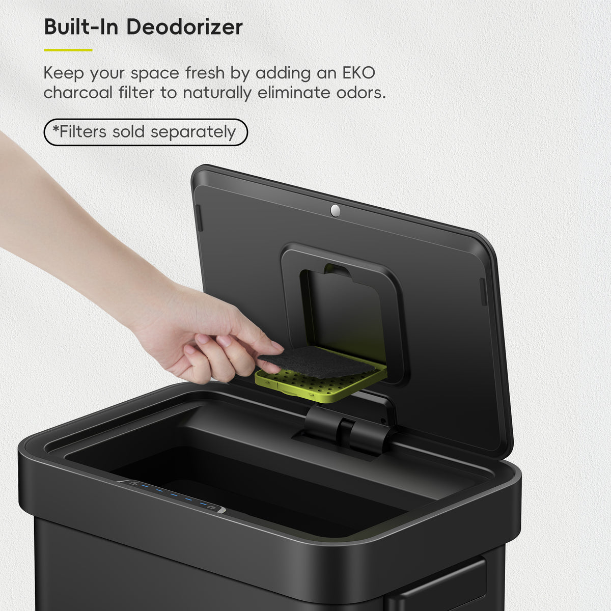 EKO Replacement Lid Featuring Built-ln Deodorizer. Keep your space fresh by adding an EKO charcoal filter to naturally eliminate odors.