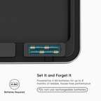 A close-up of EKO trash can lid highlights two battery slots. Text reads: "Set It and Forget It. Powered by 4 AA batteries for up to 8 months of reliable, hassle-free performance *Do not use rechargeable batteries*."