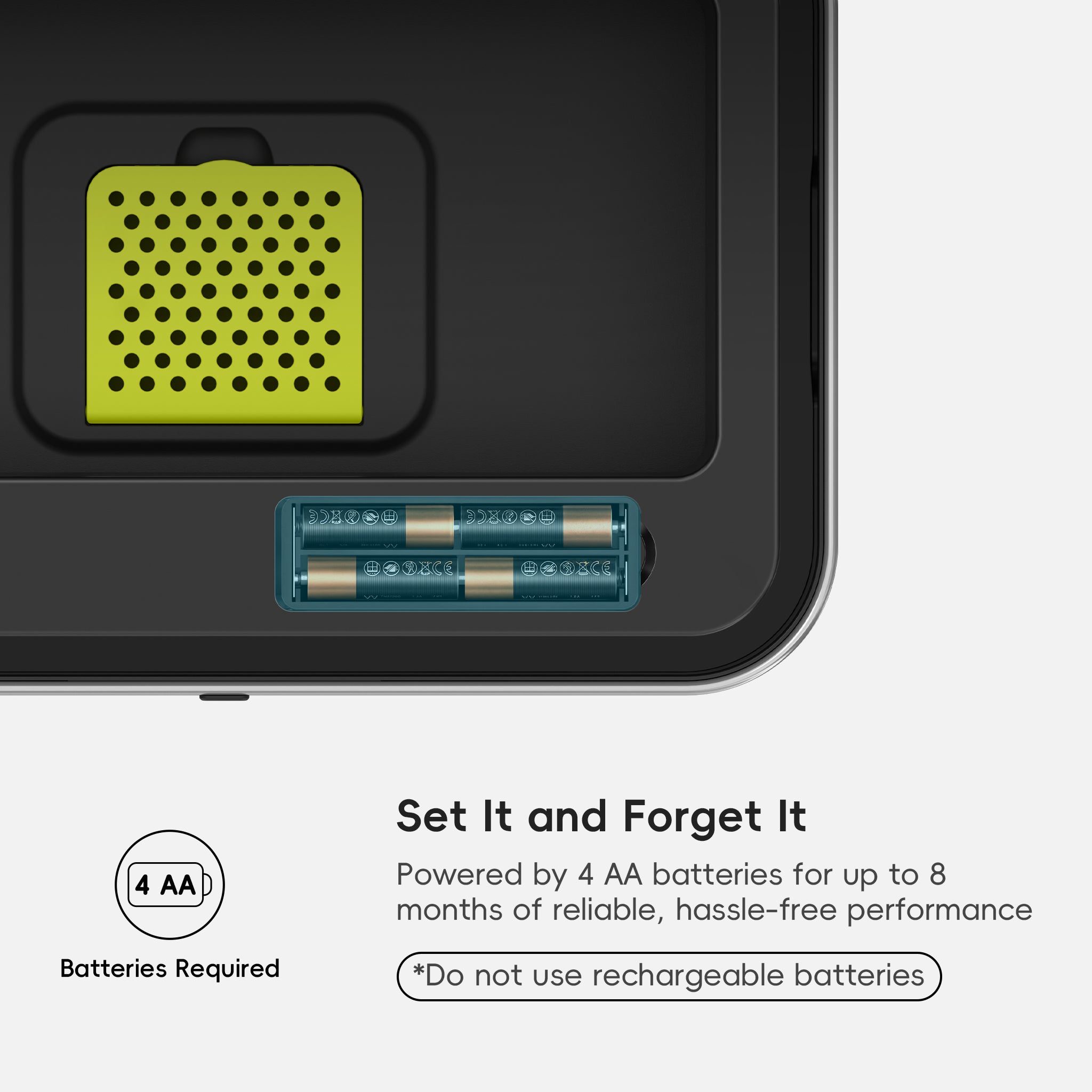 A close-up of an EKO trash can lid highlights battery slots. Text reads: 