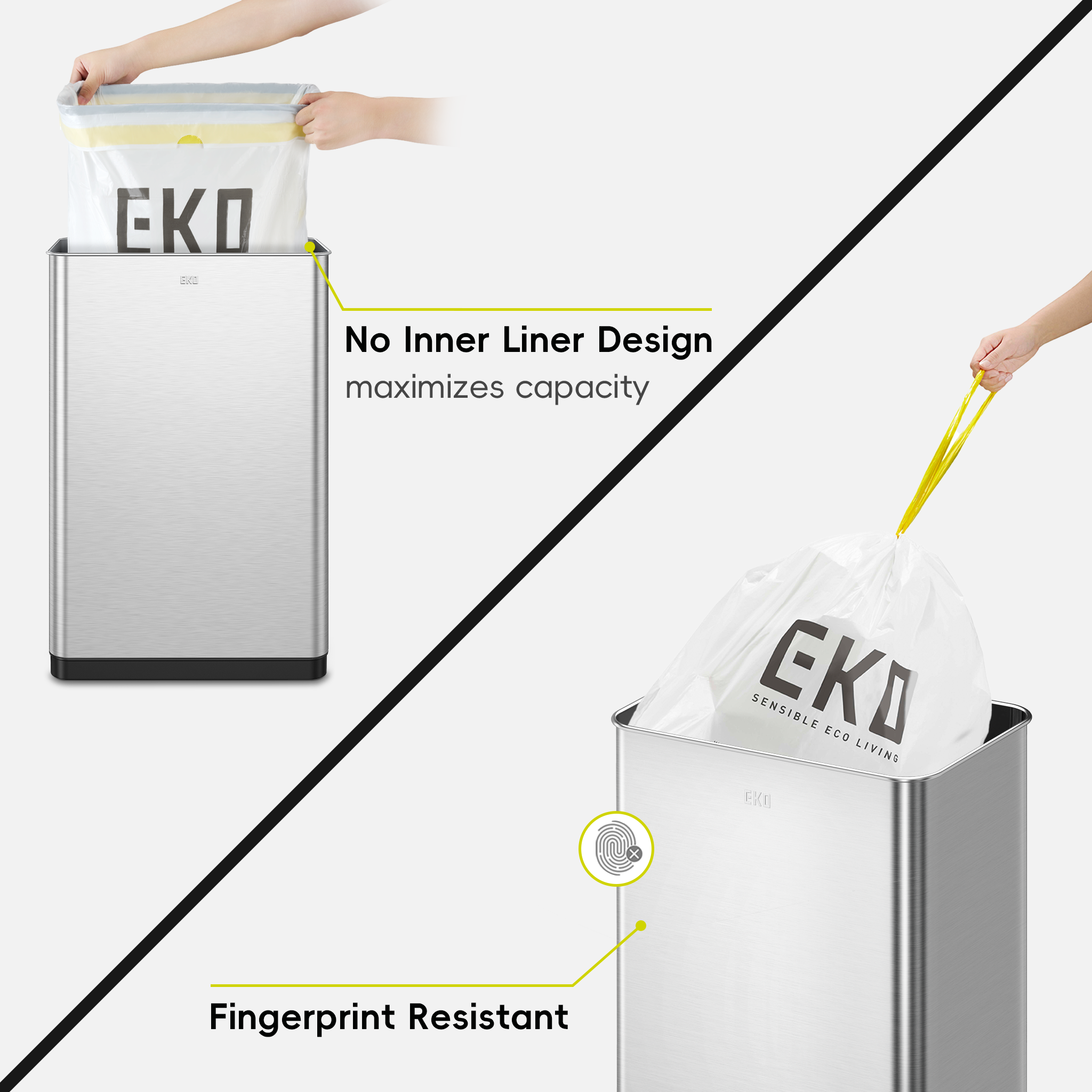 EKO trash can illustrating liner showing no inner liner design and fingerprint resistance features.