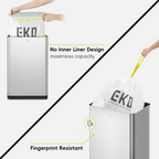 EKO trash can illustrating liner showing no inner liner design and fingerprint resistance features.